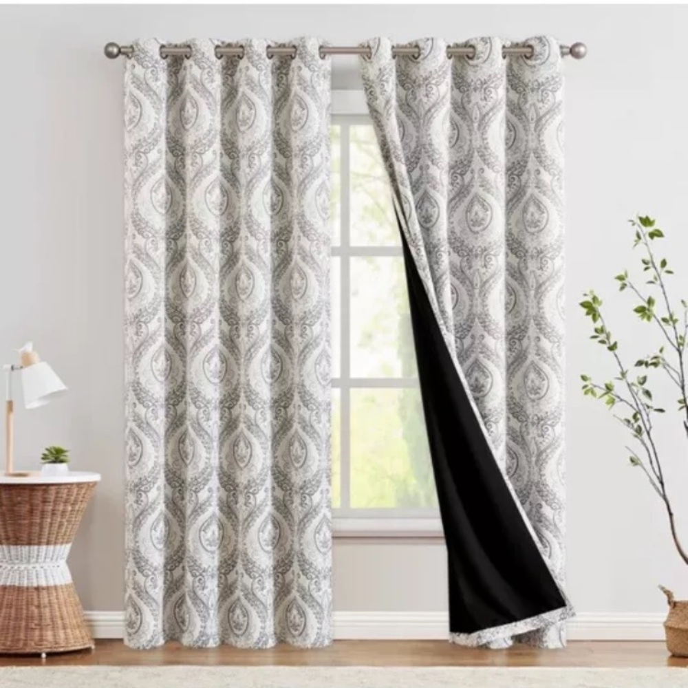 Damask Design Pattern Blackout Thermal Curtains Grommet 2 Panels Living Bedroom